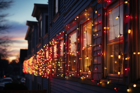 Colorful Christmas lights on the facade of an old wooden house.の素材