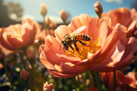 Honey bee pollinating an orange tulip flower in the gardenの素材