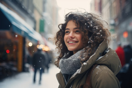 Portrait of beautiful young woman with curly hair in winter clothes walking in the cityの素材