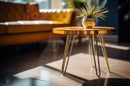 Interior of modern living room with wooden coffee table and yellow sofaの素材