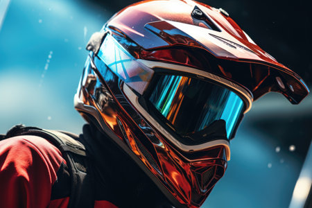 Close-up of a helmet of a motorcyclist on the background of the skyの素材