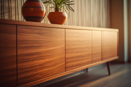 Wooden chest of drawers in modern living room. Interior design concept.の素材