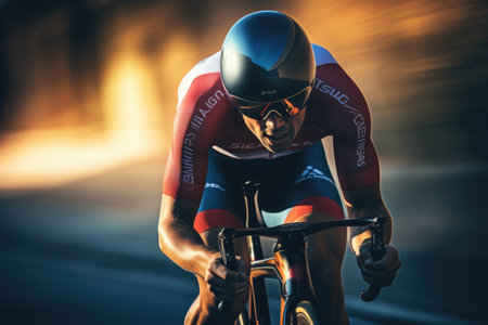 Cyclist riding bicycle on the road in city at night.の素材