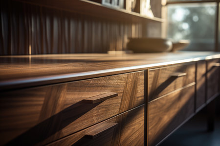 Close up of wooden chest of drawers in a modern kitchen.の素材