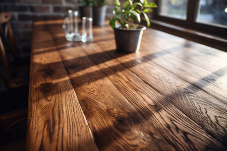 Wooden table and chairs in a cafe or restaurant. Light from window.の素材