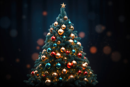 Christmas tree with colorful baubles on dark background.の素材