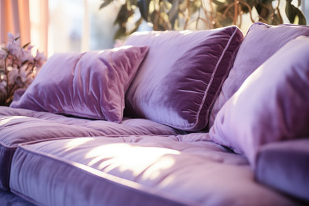 Close up of purple pillows on sofa in the living room.の素材