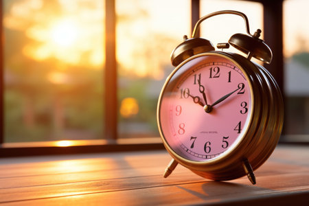 Vintage alarm clock on wooden table in morning light, stock photoの素材