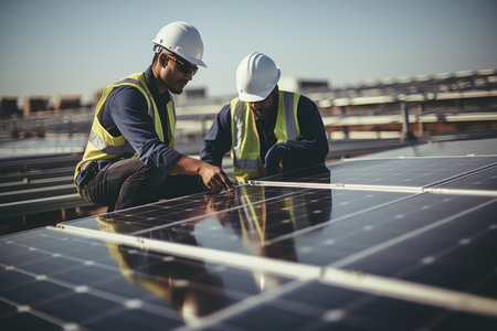 Low angle view of two engineers discussing over photovoltaic panelsの素材