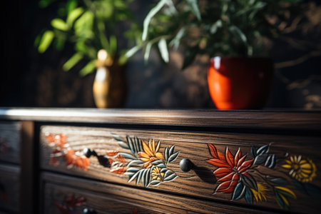 Close up of a wooden chest of drawers with decorative patterns.の素材