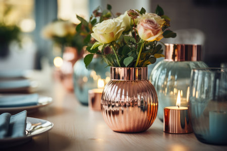 Beautiful table setting with candles and flowers in vases on wooden tableの素材