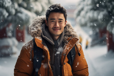 Portrait of a handsome young man in an orange jacket on a background of a snowy winter park.の素材