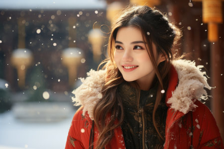 Beautiful young woman in warm clothes on winter street. Snowfallの素材