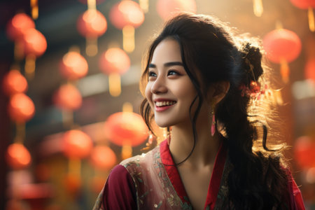 Beautiful Asian woman in traditional clothes with Chinese lanternsの素材