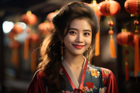 Beautiful asian woman in kimono with red lanternsの素材
