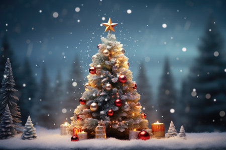 Christmas tree in snowy forest. Christmas and New Year concept.の素材