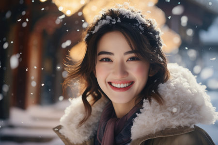 Portrait of a beautiful young woman on a background of a winter streetの素材