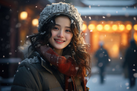 Portrait of a beautiful young Asian woman in winter outdoor.の素材