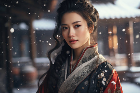 Beautiful asian woman in traditional kimono with snowfallの素材