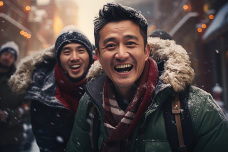 Happy asian man walking in the city at winter time. He is laughing happily.の素材