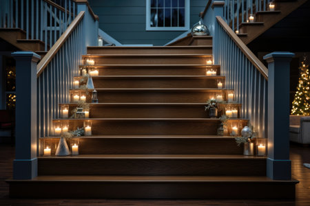 wooden stairs with christmas lights in the roomの素材