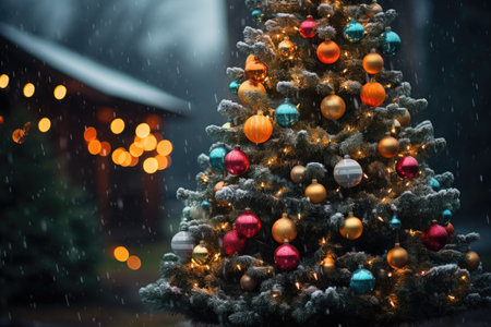 Christmas tree with colorful baubles and lights on the background.の素材