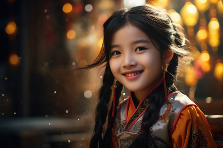 Portrait of Asian Chinese girl in traditional costume with bokeh backgroundの素材