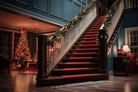 Christmas living room interior with Christmas tree, fireplace and wooden stairs.の素材