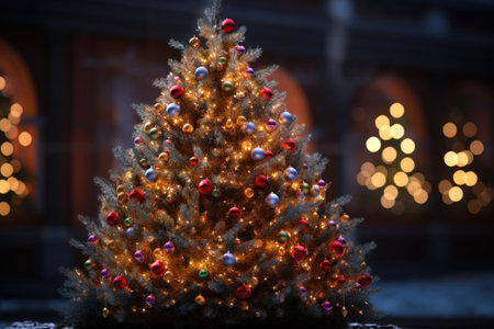 Christmas tree with colorful baubles and lights on the background.の素材