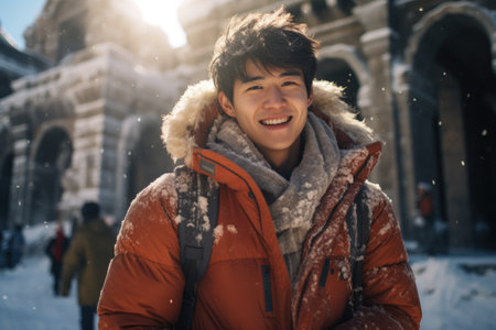 Portrait of a happy young man in an orange jacket on the background of a winter streetの素材