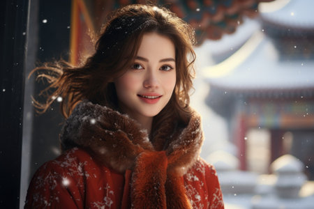 Portrait of a beautiful girl in a red coat in the winterの素材