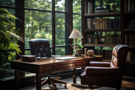 Luxury library interior with bookshelves, armchairs and books.の素材