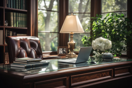 Laptop and books on a table in a library with a window backgroundの素材
