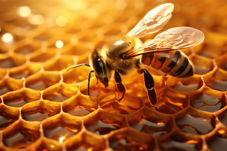Honey bee on honeycombs. Close-up view of bee on honeycomb with bee pollen.の素材