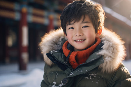 Portrait of a cute Asian boy in winter clothes smiling and looking at cameraの素材