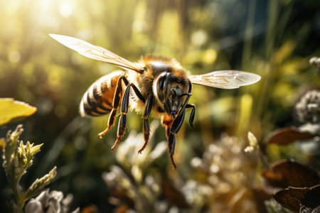 Honey bee on a flower in the sun. Close-upの素材