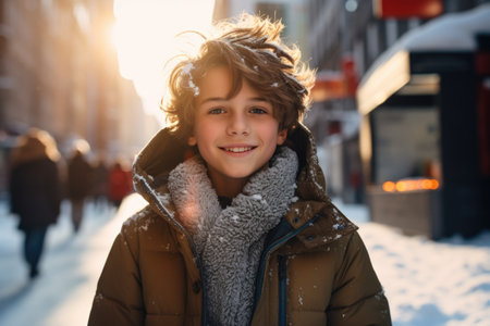 Portrait of a cute smiling boy in winter clothes on the streetの素材