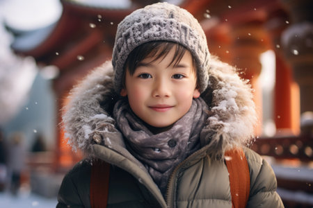 Portrait of a cute Asian boy in winter clothes, outdoors.の素材