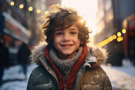 Portrait of a boy on a background of a winter city.の素材