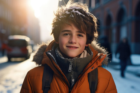 Portrait of a boy in an orange jacket on the background of the cityの素材