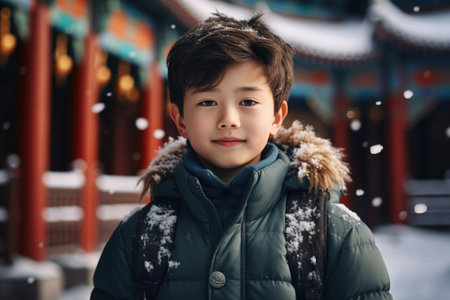 Portrait of a boy in the snow in the Chinese temple.の素材