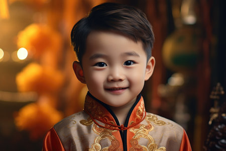 Portrait of a cute little boy in Chinese traditional costume, close upの素材