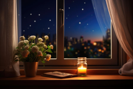 Vase of flowers, book and candle on window sill at nightの素材