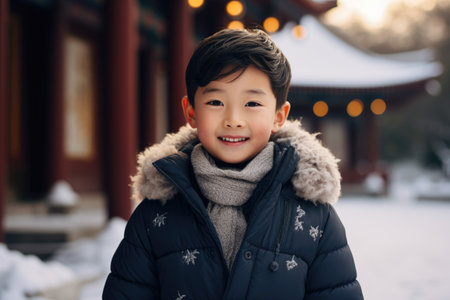 Cute asian boy in winter clothes smiling and looking at cameraの素材