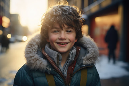 Portrait of a smiling boy on the background of a winter streetの素材