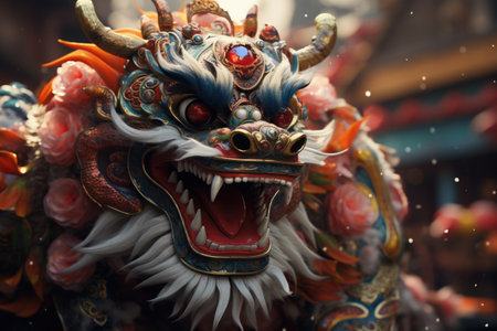Chinese dragon statue in traditional Chinese style, closeup of face.の素材