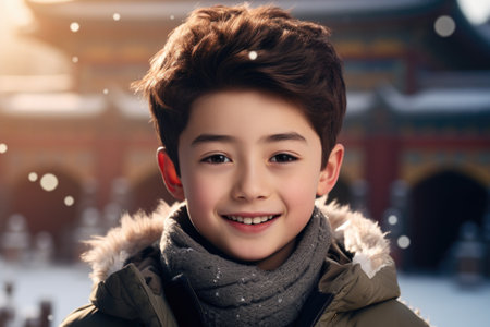 Portrait of a smiling little boy in a coat and scarf.の素材