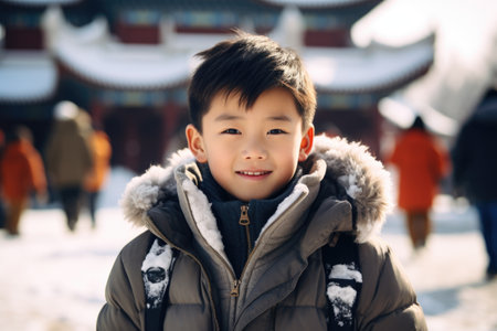 Portrait of a little boy in front of the temple in winterの素材