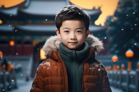 Portrait of a cute little boy in a winter coat against the backdrop of the cityの素材