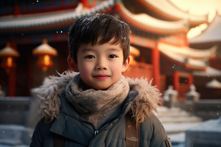 Portrait of Asian boy at Chinese temple in winter.の素材